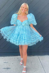 Blue Homecoming Dresses Puff Sleeves A-Line Floral Short Cocktail Dresses with Ruffles