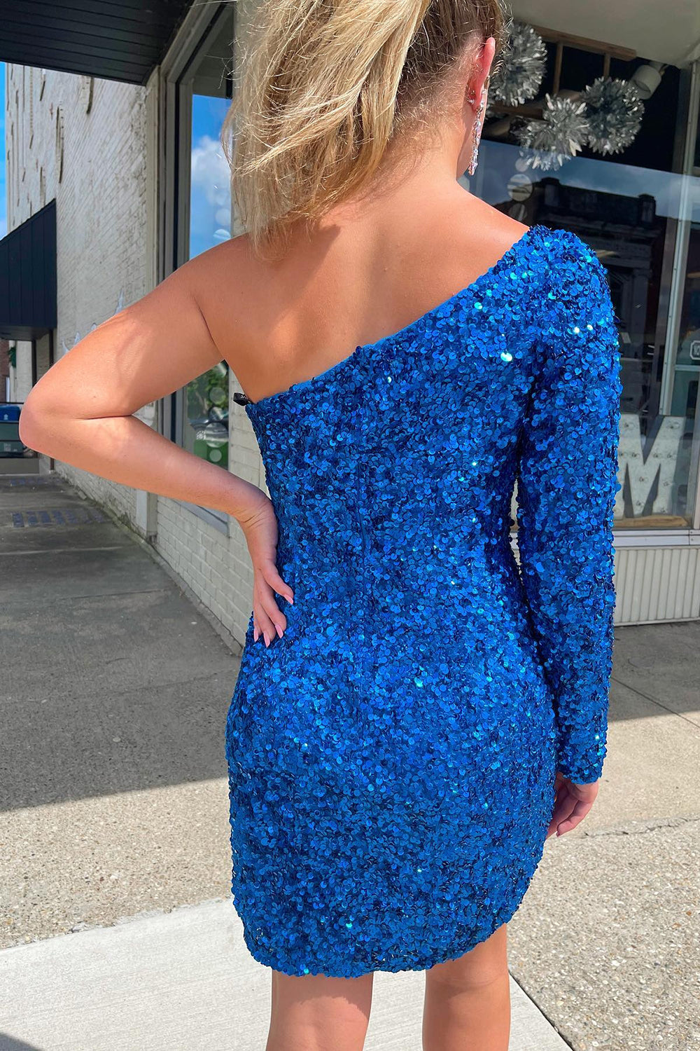 Blue Homecoming Dresses Sequin Prom Dress with Sleeves