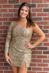 Blue Homecoming Dresses Sequin Prom Dress with Sleeves