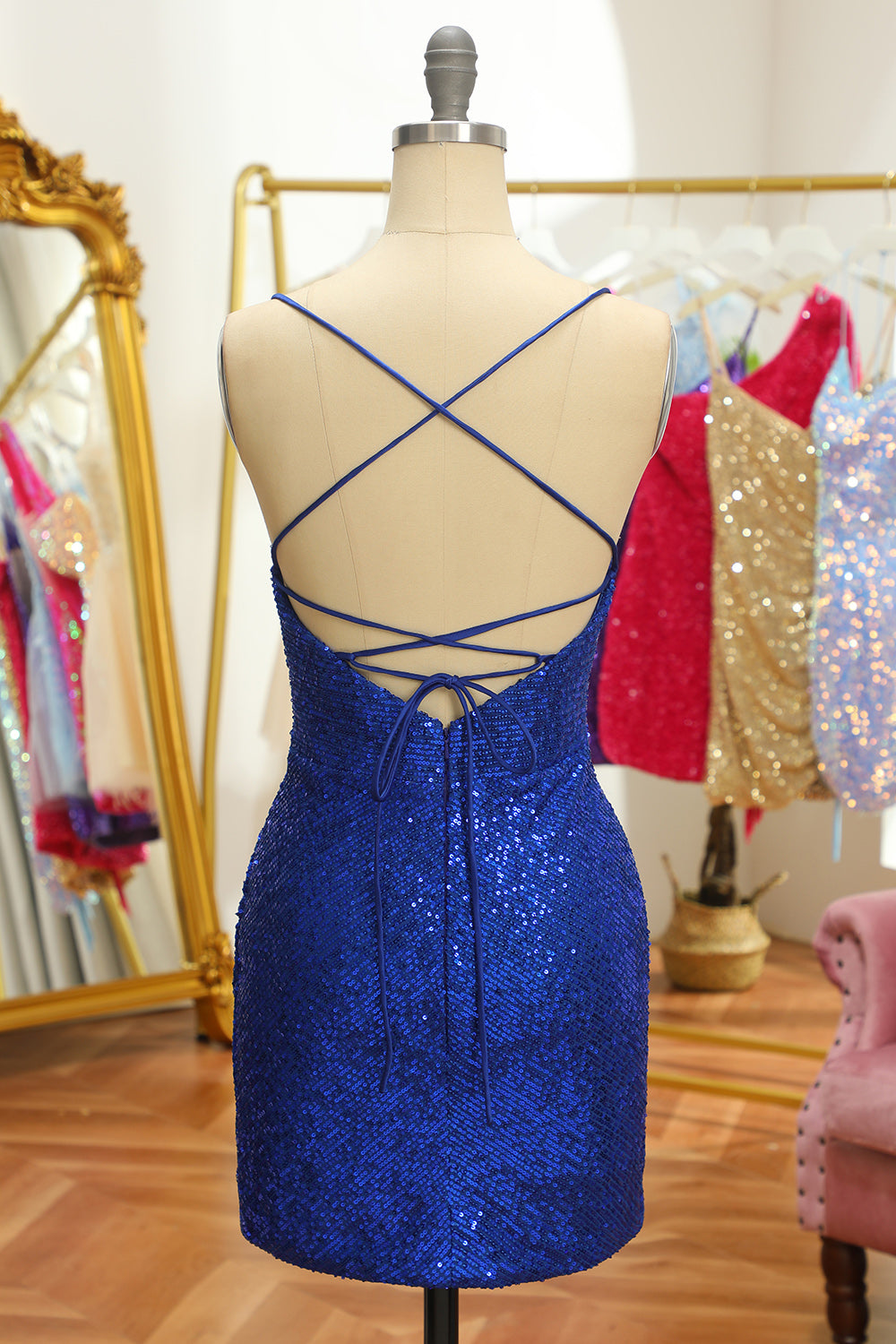 Blue Homecoming Dresses Sequin Tight Backless Short Cocktail Dresses