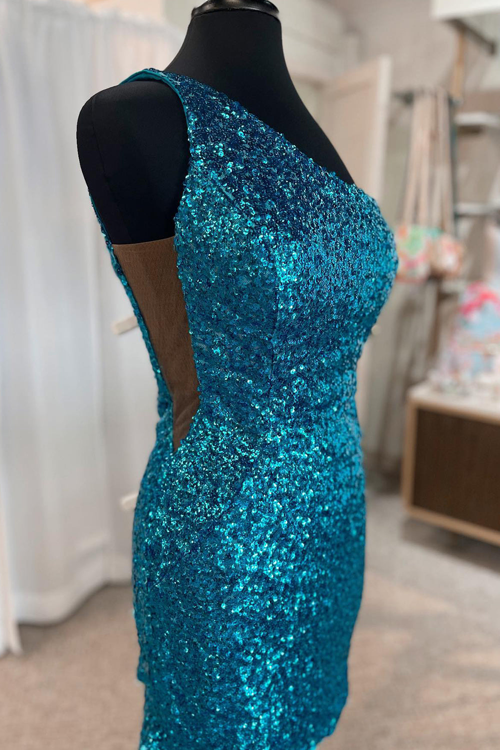 Blue Homecoming Dresses Sequined One Shoulder Tight Short Cocktail Dresses