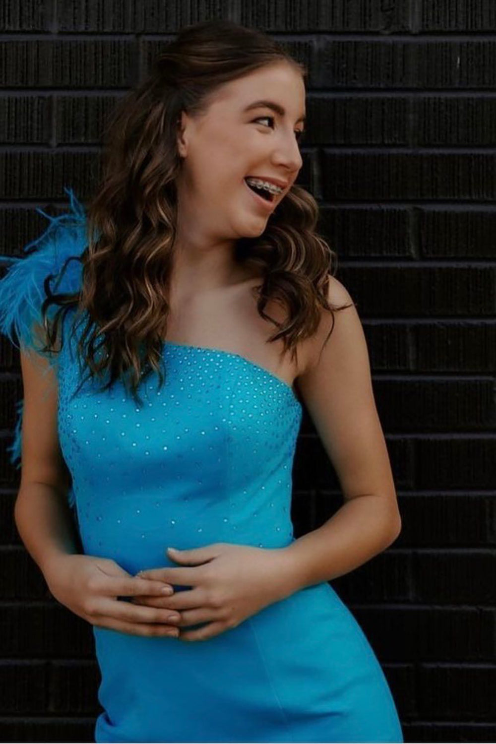 Blue Homecoming Dresses Sequined One Shoulder Tight Short Cocktail Dresses with Feathers