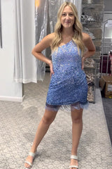 Blue Homecoming Dresses Sequined One Shoulder Tight Short Cocktail Dresses with Fringes