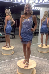 Blue Homecoming Dresses Sequined One Shoulder Tight Short Cocktail Dresses with Fringes