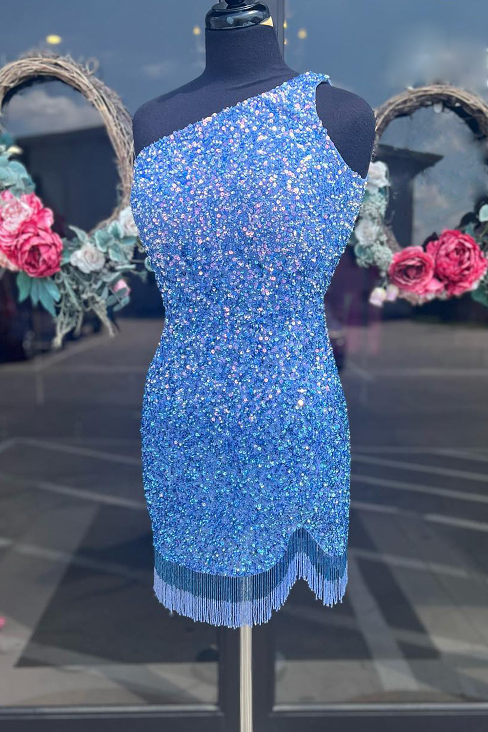 Blue Homecoming Dresses Sequined One Shoulder Tight Short Cocktail Dresses with Fringes
