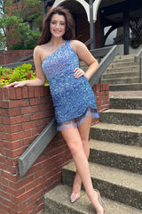 Blue Homecoming Dresses Sequined One Shoulder Tight Short Cocktail Dresses with Fringes
