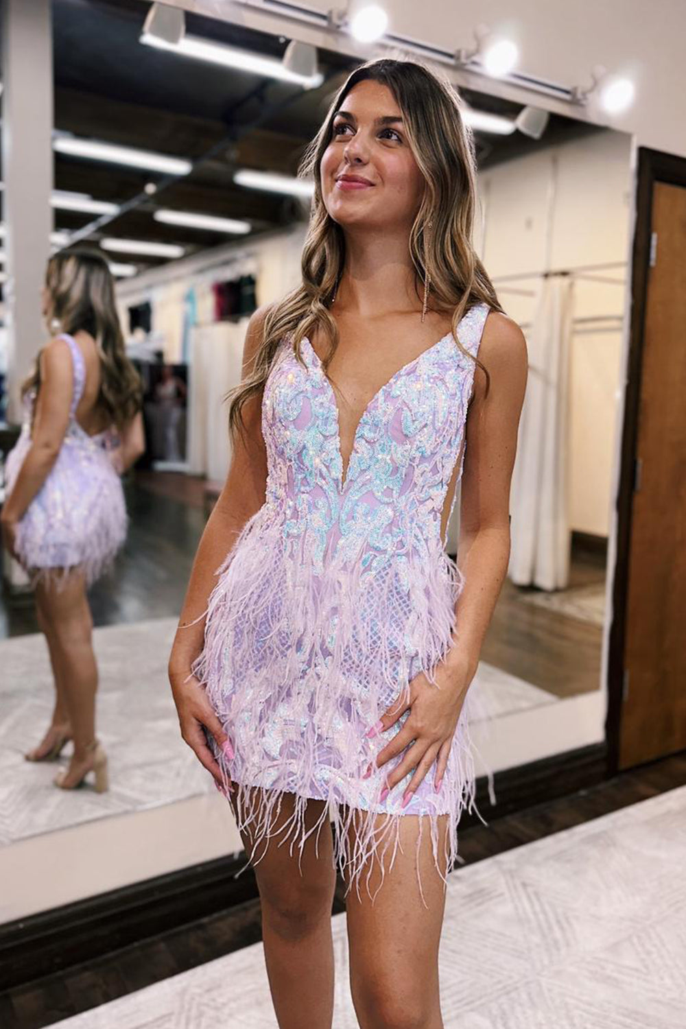 Blue Homecoming Dresses Sequined Tight Short Cocktail Dresses with Feathers