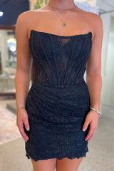 Blue Homecoming Dresses Strapless Corset Tight Short Cocktail Dresses