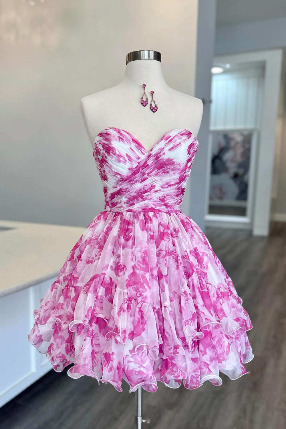 Blue Homecoming Dress Sweetheart A Line Printed Tiered Prom Dress Suzhoufashion