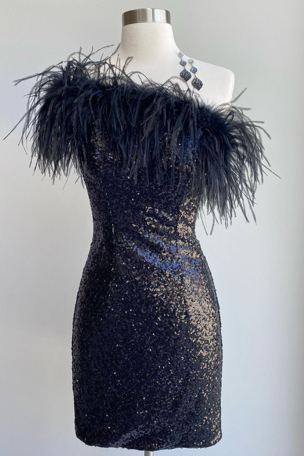 Blue Homecoming Dresses Tight Sequin Prom Dress with Feathers