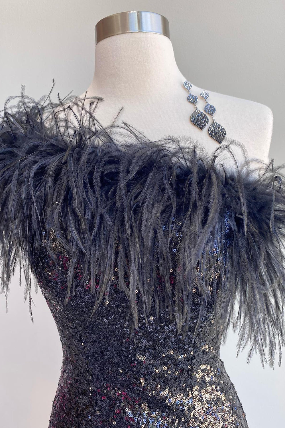 Blue Homecoming Dresses Tight Sequin Prom Dress with Feathers