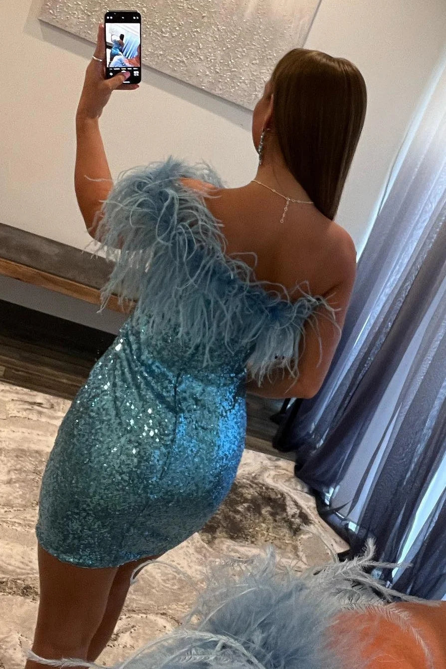 Blue Homecoming Dresses Tight Sequin Prom Dress with Feathers