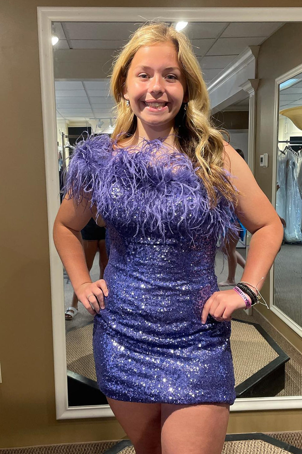 Blue Homecoming Dresses Tight Sequin Prom Dress with Feathers