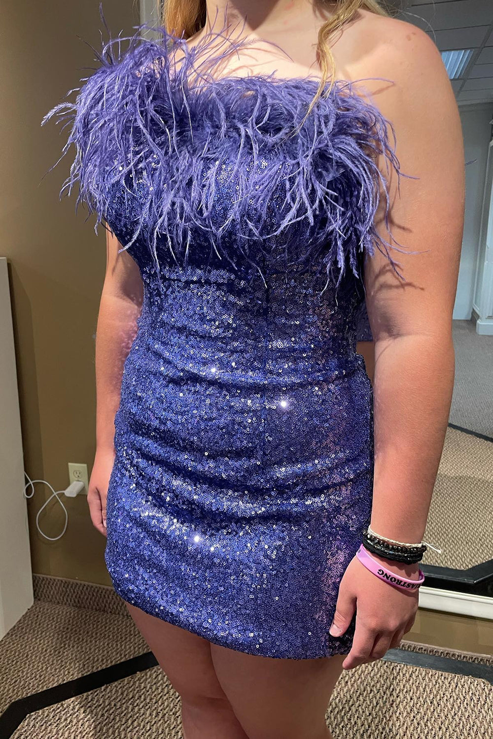Blue Homecoming Dresses Tight Sequin Prom Dress with Feathers