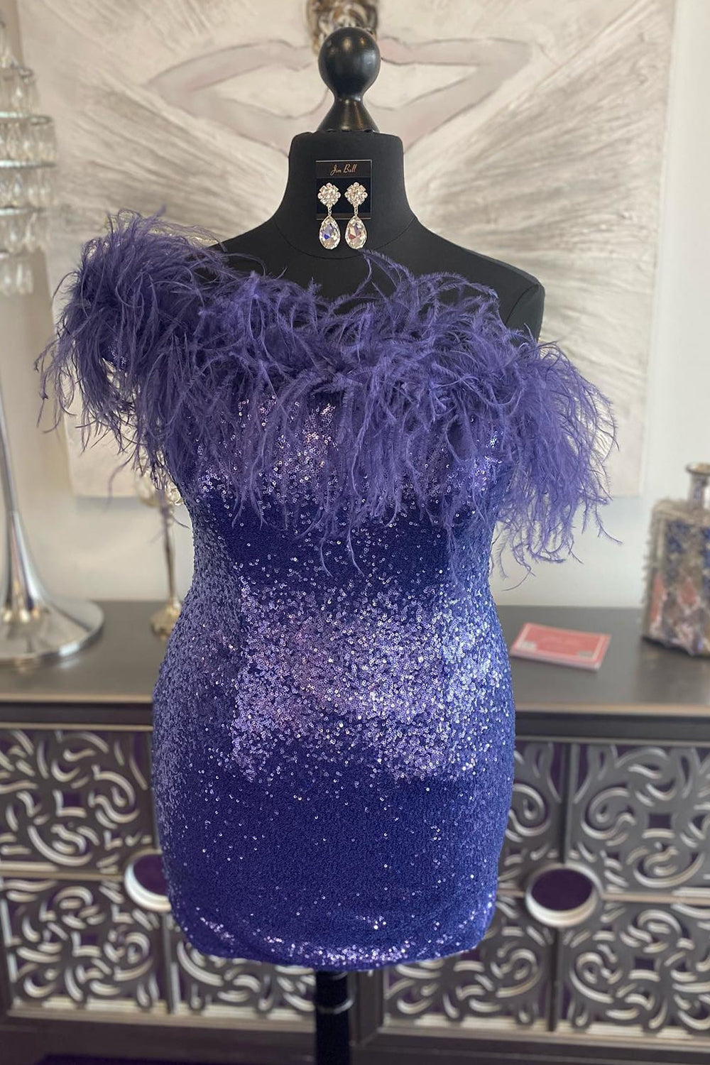 Blue Homecoming Dresses Tight Sequin Prom Dress with Feathers