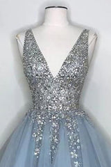 Blue Homecoming Dresses V Neck Prom Dress With Beadings