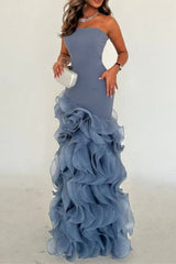 Strapless Sleeveless Long Mermaid Evening Formal Dress With Tulle Ruffled