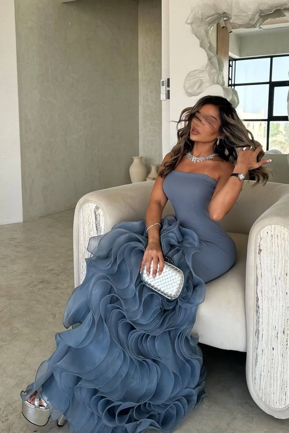 Strapless Sleeveless Long Mermaid Evening Formal Dress With Tulle Ruffled