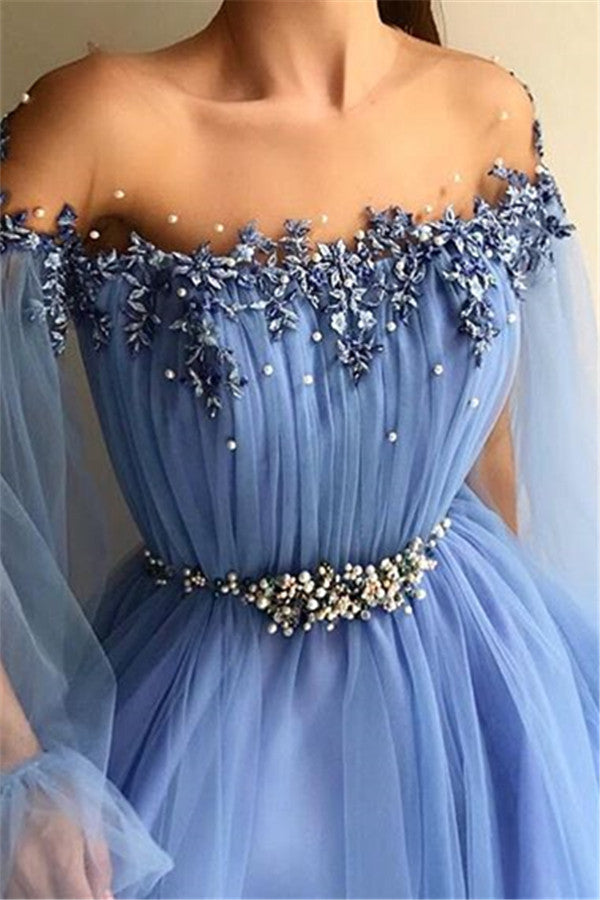 Blue Off-The-Shoulder Appliques Prom Dress | Glamorous Tulle Long Sleeves A-Line Prom Gown