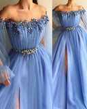 Blue Off-The-Shoulder Appliques Prom Dress | Glamorous Tulle Long Sleeves A-Line Prom Gown