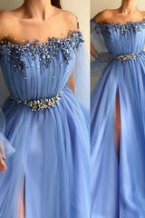 Blue Off-The-Shoulder Appliques Prom Dress | Glamorous Tulle Long Sleeves A-Line Prom Gown