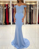 Blue Off-the-shoulder Mermaid Long Evening Dresses With Lace