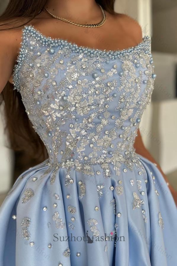 Blue Prom Dress A Line Strapless Sleeveless Sequined Beaded Satin Formal Dress With Rhinestones And Pearls