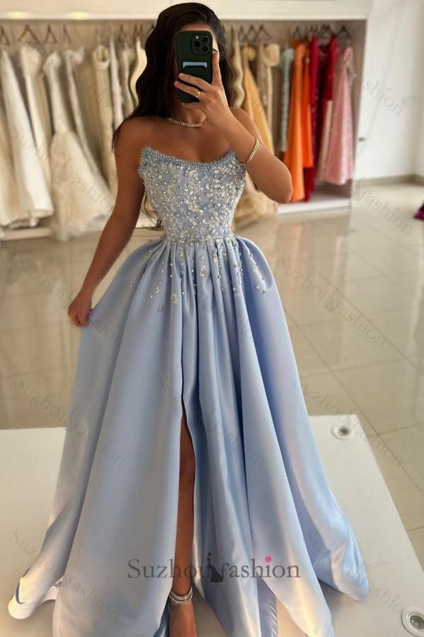Blue Prom Dress A Line Strapless Sleeveless Sequined Beaded Satin Formal Dress With Rhinestones And Pearls