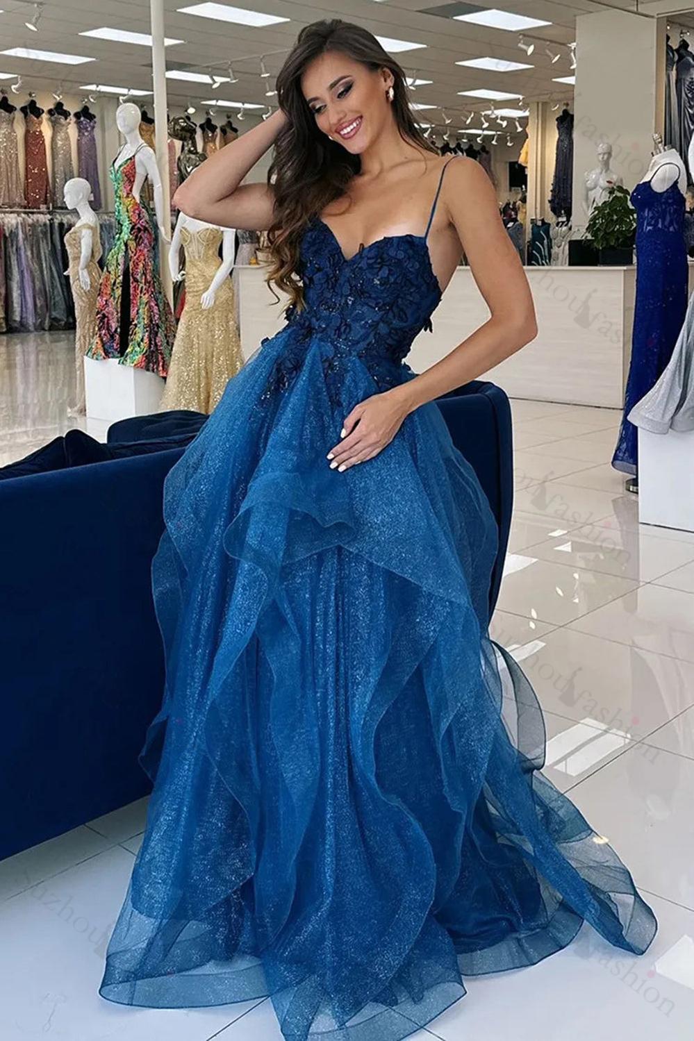 Blue Prom Dress Floral Ruffled A-Line Spaghetti Straps Long Formal Dress