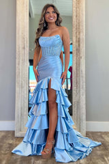 Blush Prom Dress Tiered Mermaid Long Formal Dress With Slit