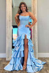 Blush Prom Dress Tiered Mermaid Long Formal Dress With Slit