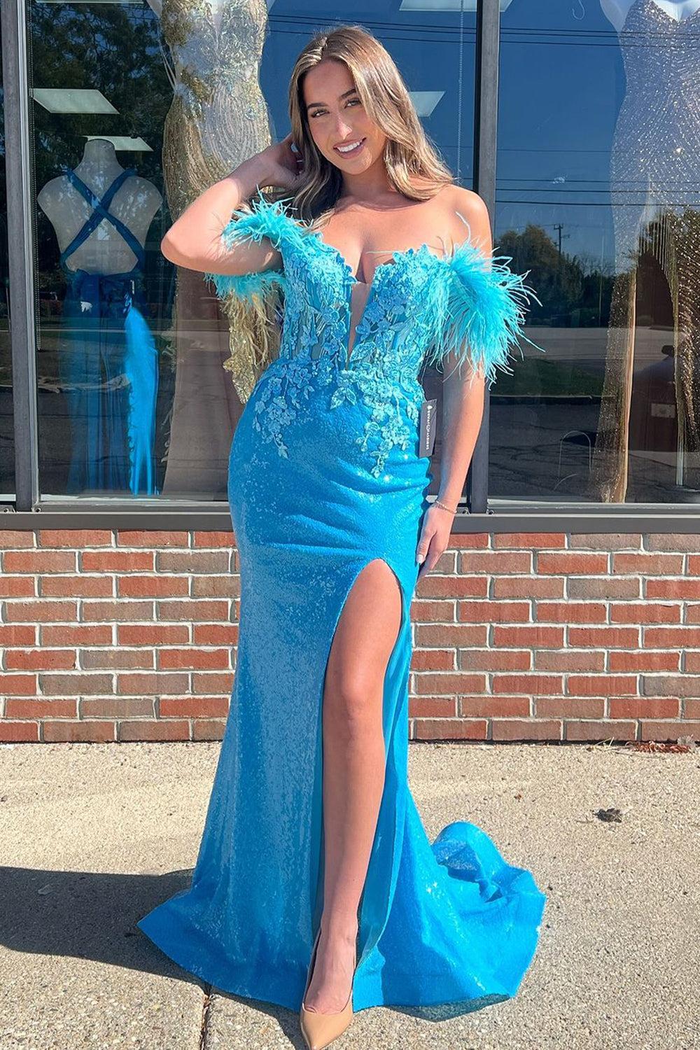 Blue Prom Dress Sequined Floral Mermaid Off The Shoulder Long Formal Dress With Slit