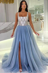 Blue Prom Dress Spaghetti Strap Square Beaded Panel Train Tulle Formal Dress