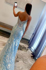 Blue Prom Dress Spaghetti Straps Corset Mermaid Tulle Formal Dress