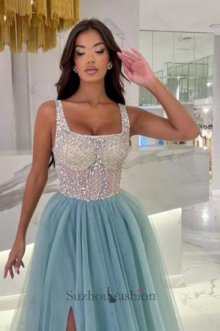 Blue Prom Dress Square Neck A Line Sleeveless Floor Length Tulle Formal Dress With Slit