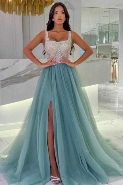 Blue Prom Dress Square Neck A Line Sleeveless Floor Length Tulle Formal Dress With Slit
