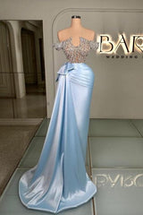 Blue Prom Dress Strapless Beaded Off The Shoulder Column Satin Panel Train Formal Dress