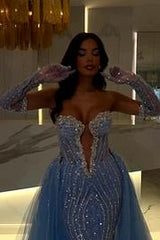 Blue Prom Dress Strapless Sleeveless Long Mermaid Evening Formal Dress with Beadings