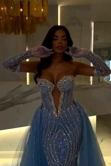 Blue Prom Dress Strapless Sleeveless Long Mermaid Evening Formal Dress with Beadings