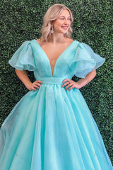 Blue Prom Dress V-Neck A Line Ruched Formal Dress With Puff Sleeves