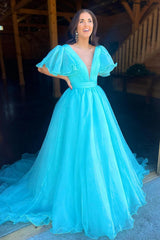 Blue Prom Dress V-Neck A Line Ruched Formal Dress With Puff Sleeves