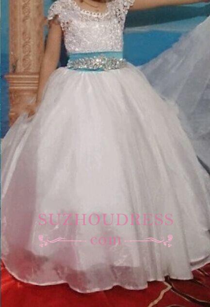 Blue Sash Short Sleeves Crystals Girls Pageant Dress Puffy Tulle Flower Girl Dresses BA3744