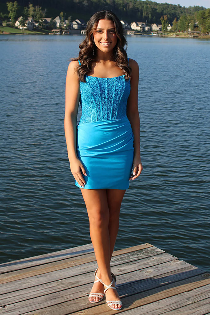 Suzhoufashion Blue Satin Homecoming Dresses Corset Short Tight Cocktail Dresses with Lace