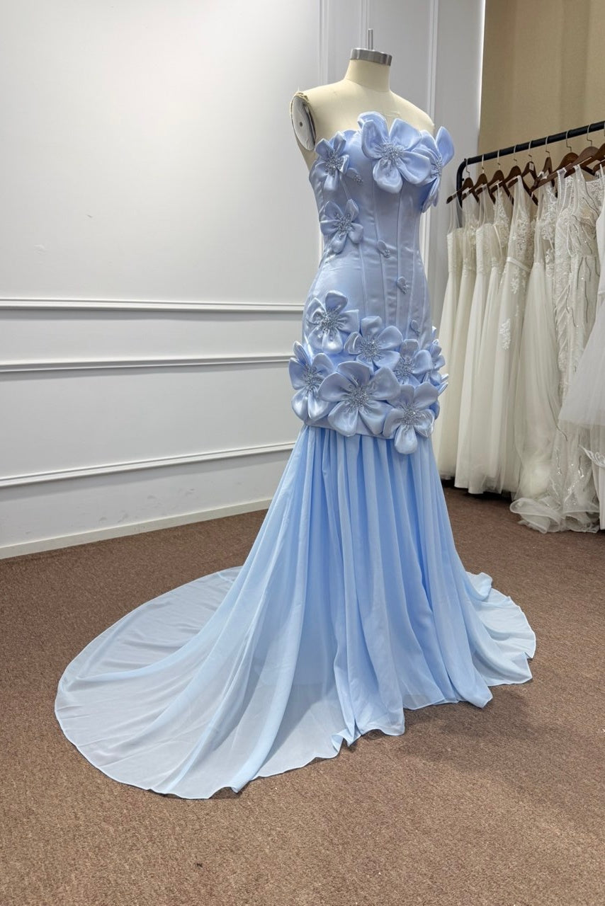 Blue Satin Mermaid Prom Dress with Strapless Neckline and 3D Flowers