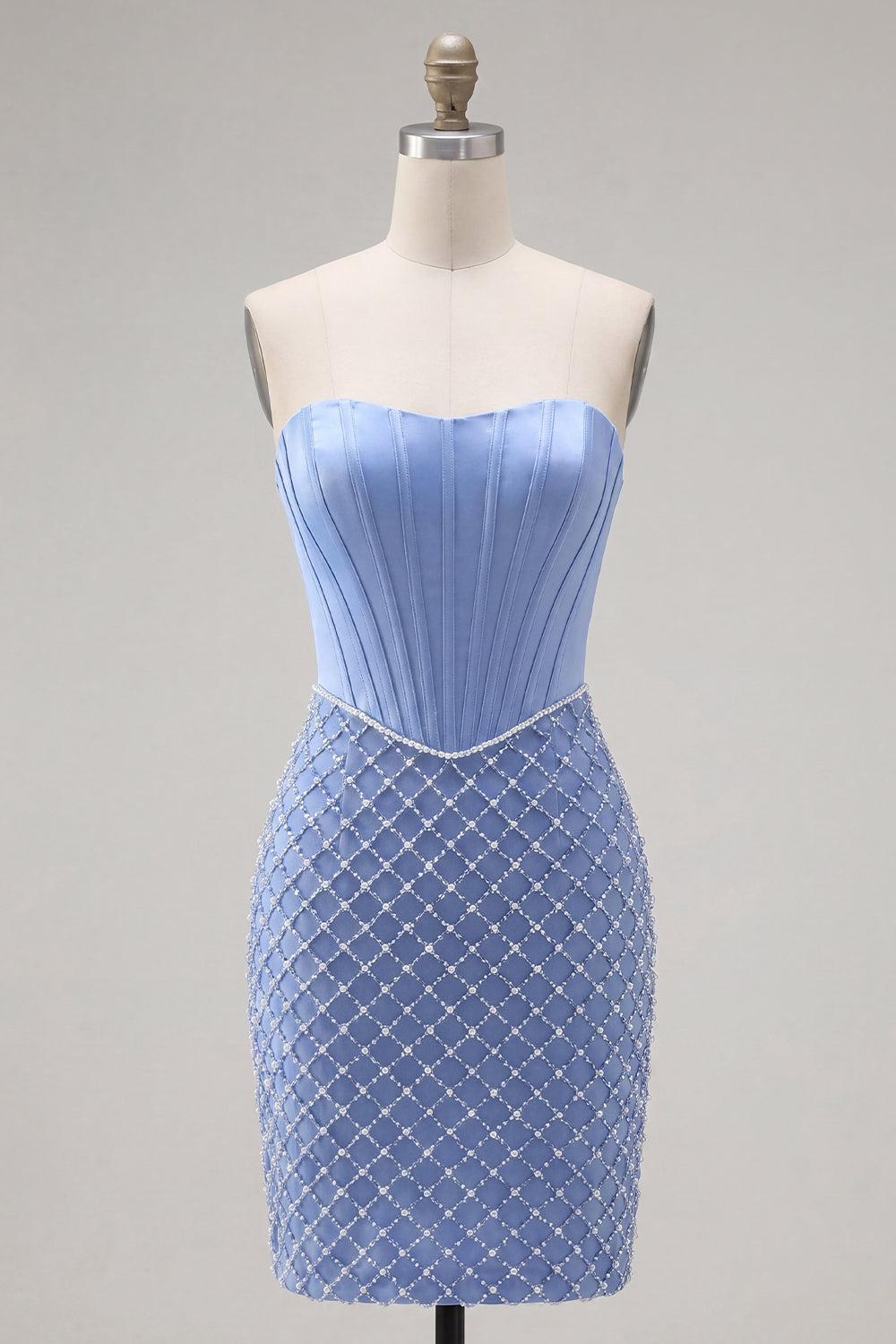 Blue Strapless Basque Waist Corset Tight Short Homecoming Dress with Pearls