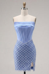 Blue Strapless Corset Tight Short Homecoming Dress with Pearl Details