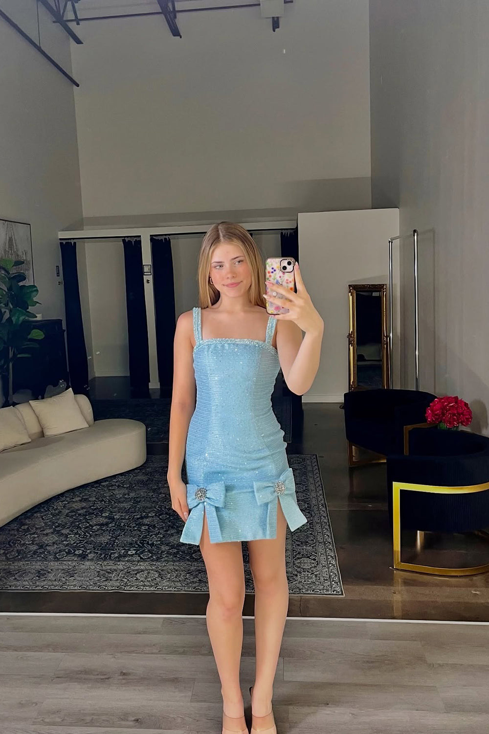 Blue Tight Homecoming Dresses Short Cocktail Dresses With Bows
