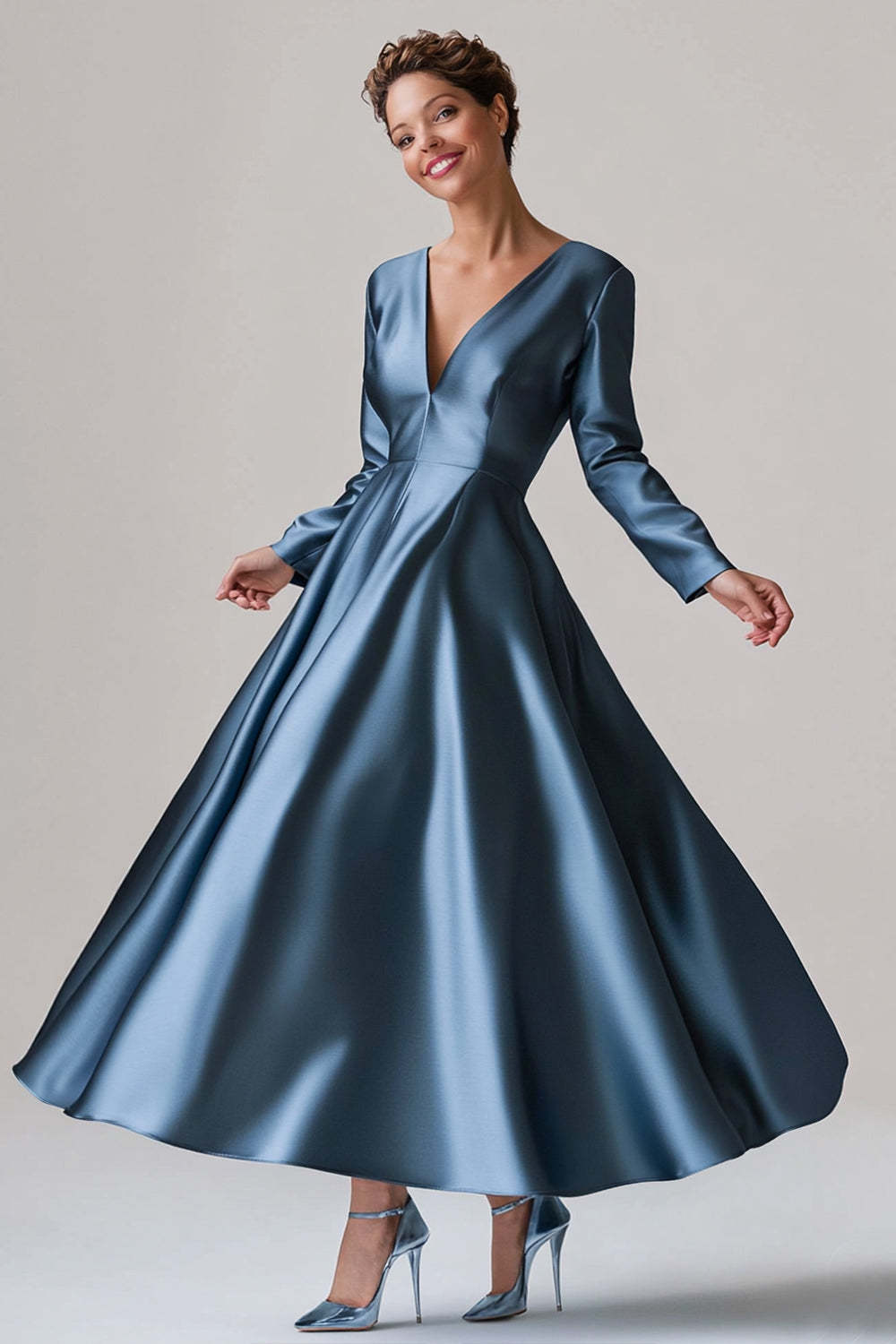 Suzhoufashion Blue Wedding Guest Dress A-Line V Neck Satin Long Formal Dress With Long Sleeves