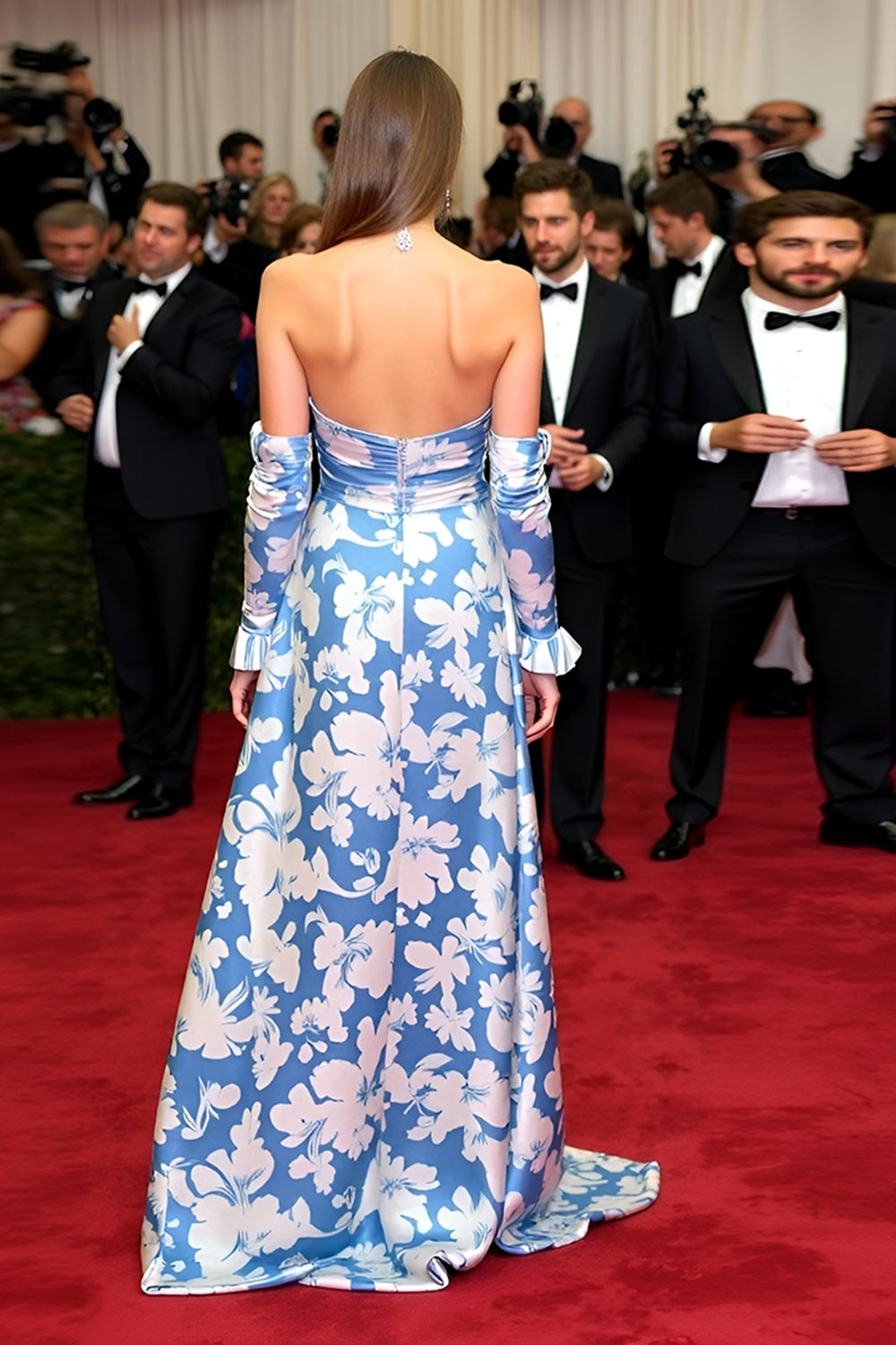 Blue Wedding Guest Dress Floral A Line Sweetheart Long Gala Dress With Long Sleeves