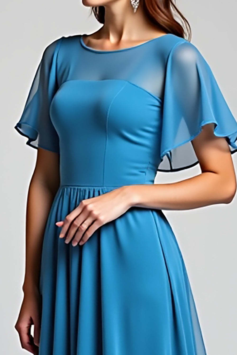 women's flowy floral dress Suzhoufashion Blue Wedding Guest Dress Long Chiffon A Line Formal Dress With Short Sleeves